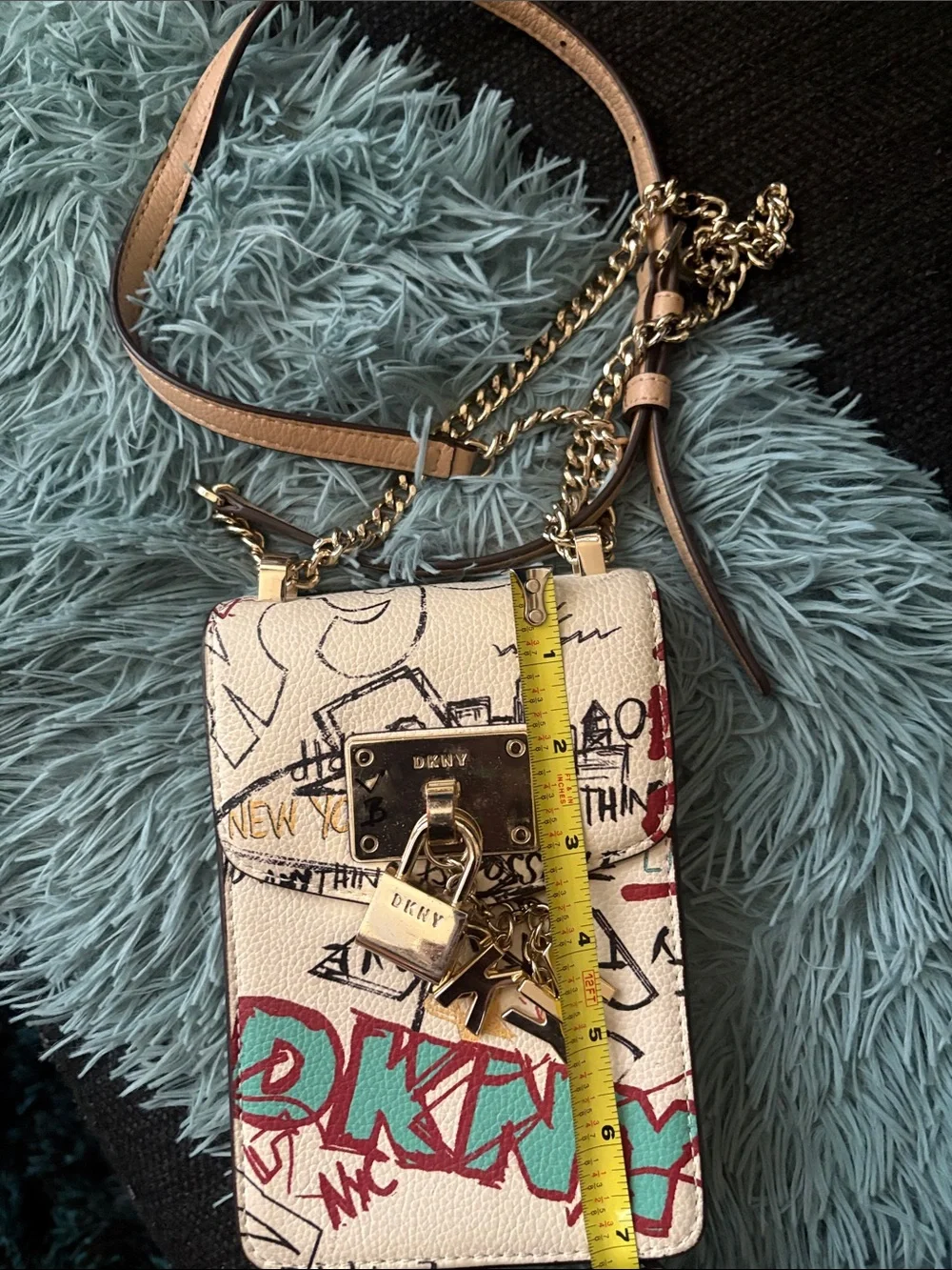 DKNY Cream Graffiti Print Crossbody Phone Bag with Gold Hardware